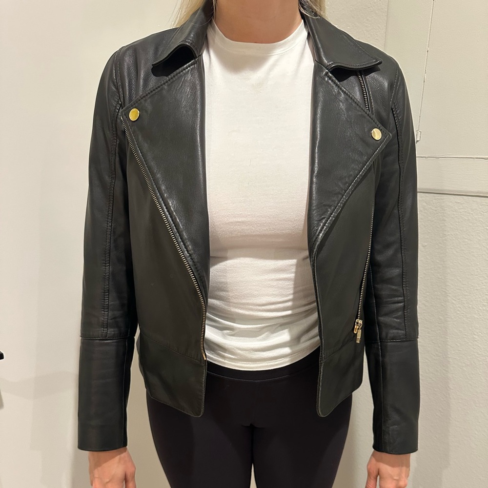 Ted Baker Black Leather Jacket with Gold Accents